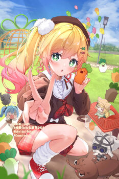 +_+ 1girl amakumo517 balloon beetle blonde_hair blurry blurry_foreground blush bow_button brown_cardigan bug buttons cardigan chibi commentary_request commission depth_of_field fingernails foreshortening frilled_shirt_collar frills gradient_hair green_eyes hair_ornament high_tops highres holding holding_balloon hololive insect jungle_gym kneeling long_hair long_sleeves loose_socks miniskirt momosuzu_nene momosuzu_nene_(casual) multicolored_hair neckerchief nekko_(momosuzu_nene) nepolabo official_alternate_costume official_alternate_hairstyle omaru_polka open_mouth outdoors park pink_hair plaid_clothes plaid_skirt pom_pom_(clothes) pom_pom_hair_ornament red_footwear red_neckerchief red_skirt sailor_collar shirt shishiro_botan shoes side_ponytail skirt sneakers socks sweat very_sweaty virtual_youtuber white_sailor_collar white_shirt white_socks yukihana_lamy