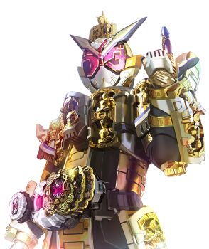 Rule 34 | 1boy, armor, belt, black bodysuit, black gloves, bodysuit, boots, gloves, gold trim, grand zi-o rider watch, helmet, horns, kamen rider, kamen rider grand zi-o, kamen rider zi-o, kamen rider zi-o (series), male focus, mask, masukudo (hamamoto hikaru), multiple boys, official alternate costume, pink eyes, pointing, pointing up, red eyes, rider belt, rider watch, shoulder armor, solo, standing, sword, tokusatsu, weapon, ziku driver