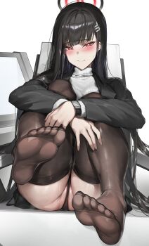 1girl absurdres alternate_legwear awkward_smile black_hair black_jacket black_panties blue_archive blush bright_pupils closed_mouth deep_skin dot_nose feet foot_focus hair_ornament hairclip halo highres jacket long_hair long_sleeves looking_at_viewer panties pussy red_eyes rio_(blue_archive) samart simple_background sitting skindentation smile soles solo sweater thick_thighs thighhighs thighs toes turtleneck turtleneck_sweater underwear watch white_background white_pupils white_sweater wristwatch