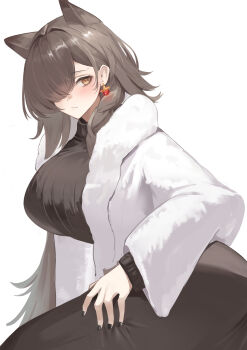 1girl absurdres animal_ears arknights black_nails black_skirt black_sweater blush breasts brown_hair detached_sleeves earrings extra_ears fur_jacket hair_over_one_eye highres huge_breasts jacket jewelry layered_sleeves long_hair long_skirt long_sleeves looking_at_viewer mole mole_above_eye official_alternate_costume one_eye_covered open_clothes open_jacket penance_(arknights) penance_(occasionally_flushed)_(arknights) remapack77 ribbed_sweater simple_background skirt solo sweater very_long_hair white_background white_jacket wolf_ears wolf_girl yellow_eyes