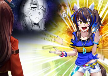 2girls 67_(meme) absurdres animal_ears bead_bracelet beads belt blue_hair blue_shirt blush bow bracelet breasts brown_hair collarbone colored_inner_hair commentary cutoffs daitaku_helios_(fun_fun_party_night)_(umamusume) daitaku_helios_(umamusume) ear_bow ear_covers english_commentary explosion facial_tattoo fang hair_between_eyes hair_ornament hairclip highres horse_ears horse_girl horse_tail jacket jewelry long_hair long_sleeves manjo_(warito) maruzensky_(formula_r)_(umamusume) maruzensky_(umamusume) meme metal_pipe_falling_(meme) multicolored_hair multicolored_nails multiple_girls necklace open_mouth red_jacket shirt shorts side_ponytail smile star_(symbol) star_hair_ornament streaked_hair tail tattoo tied_shirt tongue tongue_out umamusume white_shorts yellow_belt yellow_eyes