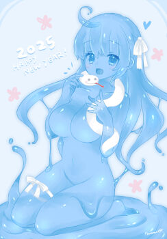 blue_hair blue_skin breasts casual_nudity colored_skin large_breasts long_hair mimio_mf monster_girl no_nipples no_pussy nude original slime_girl smile snake solo