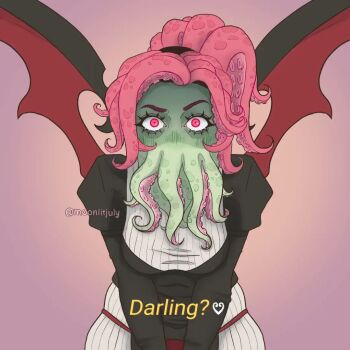 Rule 34 | 1girl, angry, breasts, cthulhu mythos, dress, english text, ln'eta, long hair, looking at viewer, monster girl, moonlitjuly, mouth with tentacles, pink eyes, pink hair, shaded face, solo, sucker for love, sucker for love: first date, yandere