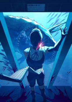 absurdres apron aquarium beam_(chainsaw_man) black_gloves black_skirt blood blood_on_ground bomb_devil_(chainsaw_man) chainsaw_man collared_shirt commentary_request dynamite elbow_gloves explosive gloves hand_up highres kuromakigaeru neck_ribbon reze_(chainsaw_man) ribbon shark sharp_teeth shirt skirt smoke teeth thighhighs white_shirt