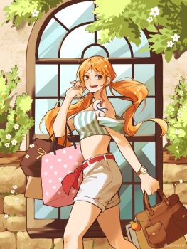 1girl alynomali bag bare_shoulders belt belt_ribbon branch breasts brown_eyes charm_(object) commentary crop_top english_commentary feet_out_of_frame flower food from_side fruit handbag highres holding holding_bag long_hair looking_at_viewer low_twintails mandarin_orange medium_breasts midriff nami_(one_piece) off-shoulder_shirt off_shoulder official_alternate_costume official_alternate_hairstyle one_piece open_mouth orange_hair outdoors plant red_belt shirt shopping_bag shorts shoulder_tattoo solo striped_clothes striped_shirt tattoo twintails vertical-striped_clothes vertical-striped_shirt walking watch white_flower white_shorts window wristwatch