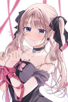 Rule 34 | 1girl, bare shoulders, black choker, black dress, black nails, black ribbon, blurry, blurry background, blush, bound, bound wrists, bow, choker, closed mouth, collarbone, commentary, dress, frilled dress, frills, hair ribbon, heart, heart in eye, highres, long hair, looking at viewer, mahiru yura, original, pink bow, purple eyes, ribbon, sidelocks, smile, strap slip, symbol in eye, twintails, wavy hair