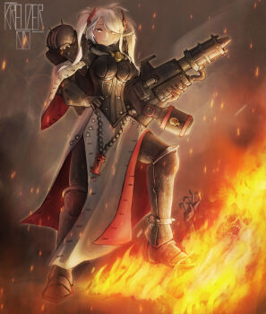 1girl absurdres adepta_sororitas ahoge armor azur_lane burning commentary commission crossover english_commentary female_focus fire flamethrower full_body grin highres kreuzer_00 looking_at_viewer medium_hair pelvic_curtain power_armor prinz_eugen_(azur_lane) silver_hair smile solo standing swept_bangs twintails warhammer_40k weapon yellow_eyes