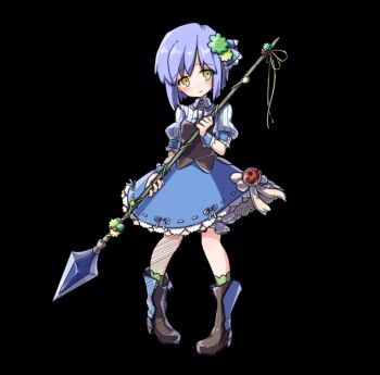 1girl black_background blue_boots blue_dress blue_hair blue_ribbon blush boots breasts closed_mouth collared_dress dress full_body green_socks hair_ornament hair_ribbon holding holding_polearm holding_weapon merc_storia merc_storia_art_team nina_(merc_storia) official_art polearm puffy_short_sleeves puffy_sleeves ribbon short_hair short_sleeves simple_background small_breasts socks solo standing striped_clothes striped_dress tachi-e underbust weapon yellow_eyes