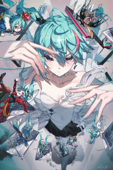6+girls ahoge angel aqua_hair bare_shoulders black_skirt blue_hair blue_nails blurry blurry_foreground boots card closed_mouth commentary_request crown depth_of_field detached_sleeves dress earrings hair_between_eyes halo hatsune_miku highres jewelry knight long_hair long_sleeves looking_at_viewer mini_crown mini_person minigirl multicolored_hair multiple_girls multiple_persona multiple_views open_mouth playing_card pleated_skirt qys3 revision skirt standing strapless strapless_dress streaked_hair thigh_boots thighhighs twintails vocaloid white_dress wings