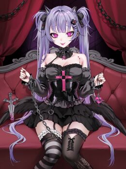1girl asymmetrical_legwear bare_shoulders black_bow black_dress black_nails blush bow breasts chain couch detached_collar detached_sleeves dress feathered_wings garter_straps hair_bow highres horns long_hair looking_at_viewer low_wings medium_breasts nail_polish ompf original piercing pink_eyes purple_hair sitting smile solo tongue tongue_out twintails wings