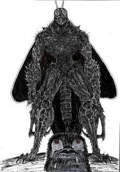 1girl 1other abdomen_tail antennae arthropod_boy bird chainsaw_man commentary crying english_commentary highres insect_wings locust menacing monster muscular narrow_waist potoo ringed_eyes spikes standing white_background wings yoru_(chainsaw_man)