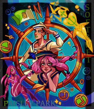 1boy 1girl 2others anchor_ornament arizuume birthmark black_hair blue_hat blue_sailor_collar blue_shirt braid character_name colored_skin commentary dixie_cup_hat flag green_eyes green_lips hair_bobbles hair_ornament hat higashikata_josuke_(jojolion) highres hirose_yasuho joestar_birthmark jojo_no_kimyou_na_bouken jojolion long_hair makeup map map_print military_hat multiple_others official_alternate_costume paisley_park_(stand) parted_lips pink_hair quad_tails sailor sailor_collar sailor_hat salute ship's_wheel shirt sleeveless sleeveless_shirt soft_&amp;_wet stand_(jojo) star_(symbol) yellow_hat yellow_sailor_collar yellow_shirt yellow_skin