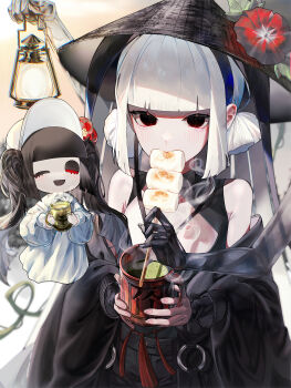 1girl absurdres bare_shoulders black_dress black_eyes blunt_bangs breasts character_doll cup doll dress fate/grand_order fate_(series) food ghost_hands grey_hair hat highres huo_ting jingasa komahime_(exhibition_attire)_(fate) komahime_(fate) lamp lantern long_sleeves looking_at_viewer low_twintails marshmallow sen_no_rikyu_(exhibition_attire)_(fate) sen_no_rikyu_(fate) short_hair short_twintails small_breasts solo twintails white_hair wide_sleeves