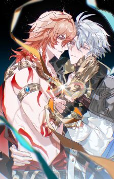 2boys absurdres antenna_hair arm_tattoo armlet armor black_choker black_coat black_gloves black_shirt blonde_hair blue_eyes blush braid chest_tattoo chinese_commentary choker clawed_gauntlets coat commentary_request earrings facial_tattoo fingerless_gloves gloves gold_earrings gold_necklace gradient_hair hand_on_another's_cheek hand_on_another's_face hand_on_another's_waist highres honkai:_star_rail honkai_(series) jewelry liaoxiaoyan0919 male_focus medium_hair multicolored_hair multiple_boys mydei_(honkai:_star_rail) neck_tattoo necklace open_clothes open_coat parted_bangs pauldrons phainon_(honkai:_star_rail) red_hair red_tattoo shirt short_hair shoulder_armor side_braid single_glove single_pauldron tattoo white_coat white_hair yaoi yellow_eyes