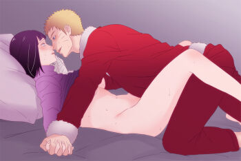 1boy 1girl black_hair blonde_hair blue_eyes blunt_bangs bob_cut boruto:_naruto_next_generations bottomless breasts clothes_lift commentary_request fur-trimmed_jacket fur_trim hal_(sakurajam) hetero holding_hands husband_and_wife hyuuga_hinata imminent_kiss interlocked_fingers jacket large_breasts naruto_(series) pants partial_commentary purple_eyes red_pants sweater sweater_lift turtleneck underboob uzumaki_naruto