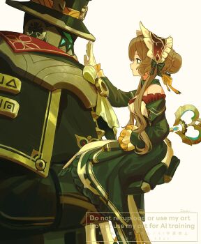 1girl 1other 39_iduki absurdres artist_name ascot black_bow black_dress black_hat black_sleeves blue_eyes bow braid breasts brown_hair bun_with_braided_base closed_mouth commentary detached_collar detached_sleeves dress english_commentary expressionless frilled_dress frilled_sleeves frills genshin_impact gloves hair_between_eyes hair_bow hair_bun hair_ribbon hand_up hat headdress highres humanoid_robot long_hair long_sleeves looking_at_another medium_breasts profile pulonia_(genshin_impact) ribbon robot sandrone_(genshin_impact) sidelocks signature simple_background single_hair_bun sitting strapless strapless_dress top_hat twitter_username watermark white_ascot white_background white_gloves winding_key wing_collar yellow_ribbon