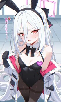 1girl absurdly_long_hair absurdres anger_vein animal_ear_hairband animal_ears bare_shoulders black_bow black_bowtie black_gloves black_leotard black_pantyhose blue_archive blush bow bowtie breasts character_name commentary_request fake_animal_ears gloves hairband halo hand_up highres jacket karaage_(xxxmido02) kei_(blue_archive) kei_(new_body)_(blue_archive) leotard long_hair long_sleeves looking_at_viewer name_tag open_clothes open_jacket open_mouth pantyhose partial_commentary pink_halo playboy_bunny puffy_long_sleeves puffy_sleeves rabbit_ear_hairband rabbit_ears red_eyes revision ringed_eyes simple_background small_breasts solo standing thighband_pantyhose translation_request very_long_hair white_hair white_jacket