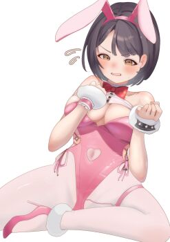 animal_ear_hairband animal_ears black_hair breasts clothing_cutout commentary_request earpiece fake_animal_ears goddess_of_victory:_nikke hairband highres hiphighs huge_breasts implied_vibrator large_breasts leotard milk milk-chan milk_(blooming_bunny)_(nikke) milk_(nikke) navel_cutout pink_leotard playboy_bunny rabbit_ear_hairband rabbit_ears red_hiphighs simple_background spade_pasties undersized_breast_cup vibrator_cord