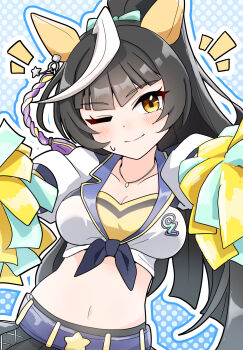 absurdres animal_ear_headwear animal_ears arnolddayo black_hair blunt_bangs breasts calstone_light_o_(umamusume) cheerleader cleavage ear_covers ear_ornament ear_tag fake_animal_ears highres hime_cut horse_ears horse_girl jewelry long_hair midriff necklace pom_pom_(cheerleading) puffy_sleeves sailor_collar umamusume