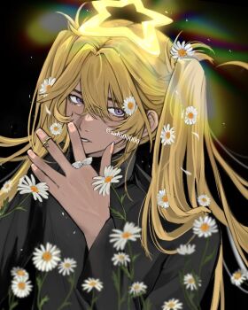 1boy black_background black_shirt blonde_hair commentary_request daisy_(flower) double-parted_bangs flower hair_between_eyes halo hand_up jewelry long_hair long_sleeves looking_at_viewer male_focus open_mouth original purple_eyes ring sahi00000 shirt solo star_halo twintails upper_body yellow_halo
