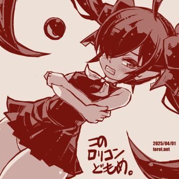 1girl ahoge april_fools backbeako_(torotei) backbeard bare_arms blush breasts clenched_teeth cowboy_shot crossed_arms dated dated_commentary dress dutch_angle gegege_no_kitarou hair_over_one_eye hair_ribbon kono_lolicon_domome long_hair looking_at_viewer monochrome neckerchief original paid_reward_available panties pear-shaped_figure pointy_ears ribbon short_dress simple_background sleeveless sleeveless_dress small_breasts solo sweatdrop teeth torotei translated twintails underwear watermark web_address