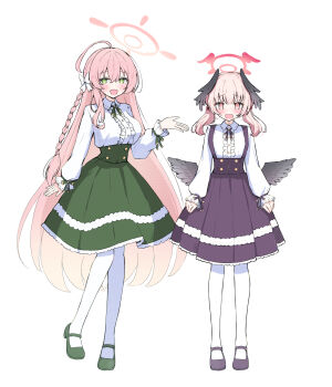 Rule 34 | 2girls, ahoge, black wings, blue archive, blush, bow, braid, commentary request, feathered wings, frilled shirt, frills, green eyes, green ribbon, green shoes, green skirt, hair between eyes, hair bow, hanako (blue archive), head wings, high-waist skirt, highres, koharu (blue archive), long hair, low twintails, multiple girls, open mouth, pantyhose, pink eyes, pink hair, purple ribbon, purple shoes, purple skirt, ribbon, sateto (user knrf2332), shirt, shoes, sidelocks, single braid, skirt, twintails, white bow, white pantyhose, white shirt, wings