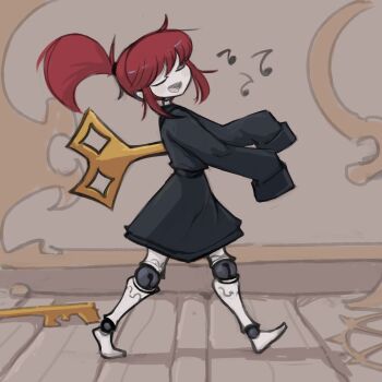 1girl barefoot black_dress closed_eyes doll_joints dress full_body highres joints music nradiowave open_mouth original outstretched_arms ponytail porcelain red_hair singing solo walking winding_key wooden_floor