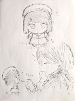 2girls beret chibi chibigurumi commentary dream_believers flower flower_knot flying_sweatdrops graphite_(medium) greyscale hair_flower hair_ornament hasu_no_sora_school_uniform hat katsuragi_izumi link!_like!_love_live! long_sleeves love_live! momose_ginko monochrome multiple_girls profile school_uniform sketch smile standing traditional_media virtual_youtuber yoshinuta