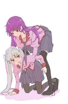 Rule 34 | 2girls, arms around another's waist, bent over, black shoes, black thighhighs, blue eyes, blue necktie, blue skirt, blunt bangs, blush, brown eyes, commentary request, contrast collar, embarrassed, grey hair, hair over shoulder, hand on ground, highres, kneeling, light blush, long hair, looking at another, monogatari (series), multiple girls, naoetsu high school uniform, necktie, oikura sodachi, picking up, pink shirt, pleated skirt, purple hair, red trim, school uniform, senjougahara hitagi, shadow, shirt, shoes, skirt, smirk, thighhighs, twintails, usa003uni, yuri