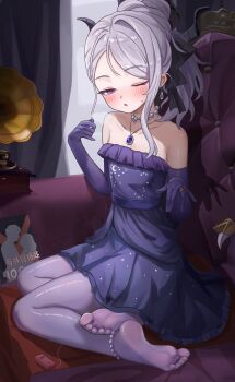 absurdres blue_archive demon_girl demon_horns dress feet foot_focus gloves highres hina_(blue_archive) hina_(dress)_(blue_archive) horns jewelry ko-no necklace one_eye_closed pantyhose pendant purple_dress purple_eyes purple_gloves purple_pantyhose soles solo toes white_hair