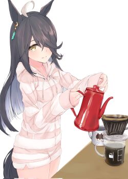 Rule 34 | 1girl, ahoge, alakoala, alternate costume, animal ear piercing, animal ears, black hair, blush, coffee, collarbone, commentary request, corrupted twitter file, cup, drawstring, from side, hair over one eye, highres, hood, hood down, hoodie, horse ears, horse girl, horse tail, logo, long hair, looking at viewer, manhattan cafe (umamusume), mug, multicolored hair, pajamas, pink hoodie, pink shorts, short shorts, shorts, sidelocks, simple background, sleeves past wrists, smile, solo, standing, streaked hair, striped clothes, striped hoodie, table, tail, thighs, umamusume, white background, white hair, yellow eyes