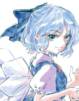 1girl blue_dress blue_hair blue_ribbon cirno closed_mouth collared_shirt dress hair_ribbon ice ice_wings iino_4n looking_at_viewer puffy_short_sleeves puffy_sleeves ribbon shirt short_sleeves simple_background smile solo touhou upper_body white_background white_shirt wings