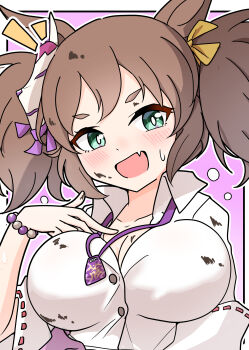 1girl absurdres animal_ears arnolddayo bead_bracelet beads blue_eyes blush bracelet breasts brown_hair collarbone collared_shirt commentary_request fang fox_mask green_eyes hair_between_eyes highres horse_ears horse_girl inari_one_(umamusume) jewelry large_breasts long_hair looking_at_viewer mask mask_on_head open_mouth shirt smile solo sweatdrop twintails umamusume upper_body white_shirt