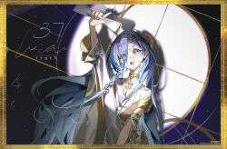 Rule 34 | 1girl, 37 (reverse:1999), :o, ancient greek clothes, arm up, armlet, artist name, blue eyes, blue hair, border, character name, copyright notice, dark background, emphasis lines, english text, eyes visible through hair, gold choker, golden spiral, greco-roman clothes, hair over one eye, hand up, highres, holding, holding paper, long hair, open mouth, paper, paper roll, penglaiyuzhi yinghuiyue, reverse:1999, shadow, single bare shoulder, solo, spotlight, toga, upper body, very long hair, yellow border