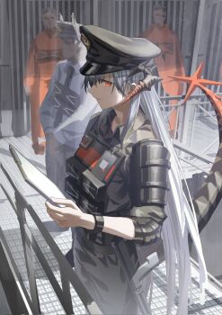 Rule 34 | 1girl, 3boys, arknights, black hat, black shirt, bulletproof vest, clipboard, commentary request, cowboy shot, dragon girl, dragon horns, dragon tail, faceless, faceless male, grey hair, hair between eyes, hat, highres, holding, holding clipboard, horns, indoors, kuthi0510, long hair, looking at viewer, multiple boys, official alternate costume, orange eyes, peaked cap, police hat, prison, prison clothes, prisoner, profile, railing, saria (arknights), saria (the law) (arknights), shirt, sleeves rolled up, standing, tactical clothes, tail