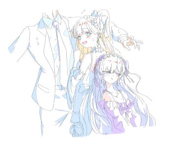 Rule 34 | 1boy, 2girls, back-to-back, bare shoulders, blonde hair, blue eyes, color trace, cowboy shot, dress, flying sweatdrops, formal clothes, hairband, head out of frame, height difference, highres, jacket, lolita hairband, long hair, long sleeves, looking at another, looking at viewer, looking back, mahou shoujo no majo saiban, multiple girls, natsume an-an, necktie, nervous smile, open mouth, pants, pout, saeki miria, simple background, smile, standing, suit, sweatdrop, tsujiya okuyasu, white background