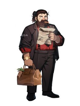 1boy absurdres alternate_costume arm_hair artist_name bag beard black_jacket black_pants black_shoes blazer braid braided_beard brown_bag brown_hair chinese_commentary chuo_chuo_ye cigar commentary_request dungeon_meshi dwarf facial_hair full_body highres holding holding_bag holding_newspaper jacket long_beard long_sleeves looking_at_viewer male_focus mandrake mandrake_(dungeon_meshi) mature_male monocle mustache newspaper open_clothes open_jacket pants ponytail red_shirt senshi_(dungeon_meshi) shirt shoes short_hair simple_background solo standing suspenders thick_mustache watch white_background wristwatch