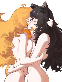 2girls absurdres animal_ears black_hair blake_belladonna breast_press breasts closed_eyes commentary commission completely_nude distr english_commentary highres kiss large_breasts long_hair multiple_girls nude orange_hair orange_scarf rwby scarf simple_background symmetrical_docking white_background yang_xiao_long yuri