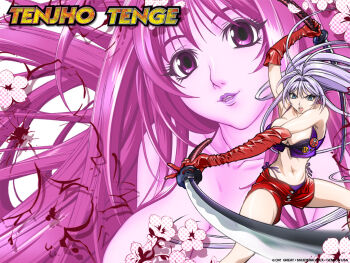 Rule 34 | 2girls, antenna hair, arm up, armpits, blood, blue eyes, breasts, cleavage, crop top, elbow gloves, fighting stance, flower, gloves, large breasts, lips, long hair, midriff, multiple girls, natsume aya, natsume maya, open fly, open mouth, panties, purple hair, purple panties, red gloves, short shorts, shorts, sword, tenjou tenge, underwear, unzipped, very long hair, weapon