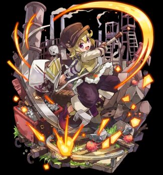 Rule 34 | 1girl, belt, black background, blonde hair, blush, breasts, brown belt, brown hat, etta (merc storia), full body, hair between eyes, hat, highres, holding, holding pickaxe, large breasts, long hair, merc storia, merc storia art team, minecart, official art, open mouth, pants, pickaxe, purple pants, purple shoes, shirt, shoes, short hair, sidelocks, simple background, smile, solo, standing, tachi-e, vest, white shirt, yellow vest