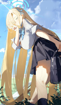 1girl absurdres artist_name asuna_(blue_archive) asuna_(school_uniform)_(blue_archive) black_skirt blonde_hair blue_archive blue_bow blue_eyes blue_halo blue_ribbon bow breasts button_gap cloud cloudy_sky collared_shirt grass hair_over_one_eye hair_ribbon halo helic_(7317helic) highres kneehighs large_breasts long_hair looking_at_viewer outdoors plant ribbon sagging_breasts school_uniform shirt skirt sky sleeves_rolled_up socks solo standing taut_clothes taut_shirt thighs v very_long_hair