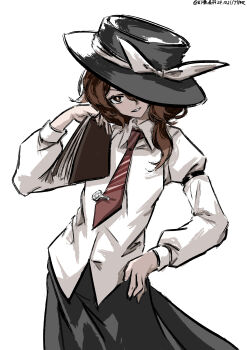 1girl absurdres black_hat black_skirt book bow brown_eyes brown_hair collared_shirt commentary_request hand_on_own_hip hat hat_bow hat_over_one_eye highres holding holding_book long_sleeves necktie one-hour_drawing_challenge red_necktie shirt skirt solo touhou usami_renko ve1024 white_bow white_shirt