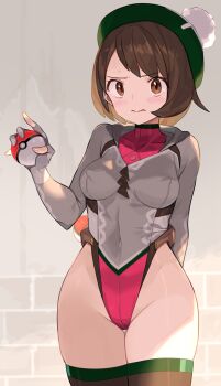 1girl adapted_costume blush bob_cut breasts brown_eyes brown_hair buttons cardigan covered_erect_nipples covered_navel embarrassed gloria_(pokemon) green_hat hat highleg highleg_leotard hood hooded_cardigan hoodie leotard medium_breasts multicolored_leotard nintendo poke_ball pokemon pokemon_swsh short_hair spring2013 tam_o'_shanter thighhighs