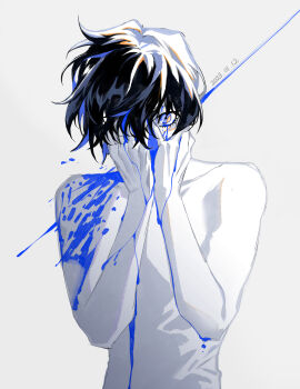 Rule 34 | 1other, absurdres, black hair, blood, blood drip, blood splatter, blue blood, blue eyes, commentary request, covering own face, gost 56, headshot, highres, long sleeves, looking at viewer, original, short hair, solo, wide-eyed