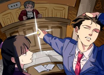 1girl 2boys ace_attorney black_hair black_shirt blue_jacket courtroom grey_hair hashtag-only_commentary holding jacket maya_fey meme miles_edgeworth mq7771 multiple_boys naoya_hitting_choso_without_looking_(meme) necktie phoenix_wright red_jacket red_necktie shirt spiked_hair upper_body white_shirt