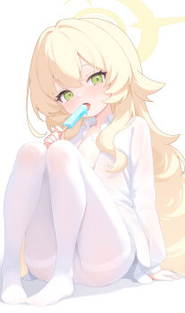 1girl absurdres blonde_hair blue_archive collared_shirt commentary flat_chest food green_eyes halo highres holding holding_food holding_popsicle jiuchong_ying_fengxue knees_up licking_food long_hair long_sleeves looking_at_viewer no_shoes open_clothes open_mouth open_shirt panties panties_under_pantyhose pantyhose popsicle professor_niyaniya_(blue_archive) shirt simple_background sitting solo thighband_pantyhose tongue tongue_out underwear wavy_hair white_background white_panties white_pantyhose white_shirt yellow_halo
