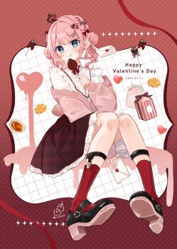 Rule 34 | 1girl, chocolate, commentary request, dated, food, happy valentine, highres, original, pink hair, rino cnc, short hair, solo, valentine