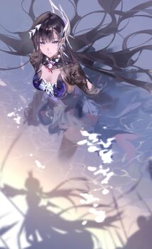 Rule 34 | 1girl, absurdres, black hair, blue eyes, breasts, cerydra (honkai: star rail), chinese commentary, dress, earrings, gem, hair ornament, hair spread out, highres, honkai: star rail, honkai (series), hysilens (honkai: star rail), jewelry, long hair, medium breasts, miemiebei, necklace, ocean, parted lips, partially submerged, pearl (gemstone), polearm, shadow, shrug (clothing), single earring, solo focus, spear, thighhighs, torn clothes, torn sleeves, very long hair, water, weapon