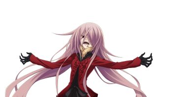 1girl angry black_dress black_gloves black_sash burn_scar chaos;child dress facing_up frilled_dress frilled_jacket frills game_cg gloves haida_riko hair_over_one_eye highres jacket long_hair looking_at_viewer matsuo_yukihiro messy_hair non-web_source official_art open_mouth outstretched_arms pink_hair red_eyes red_jacket sash scar scar_on_face scarf science_adventure solo sprite teeth tongue transparent_background v-shaped_eyebrows very_long_hair waist_sash yellow_scarf