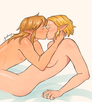 1boy 1girl areola_slip arm_support artist_name blonde_hair breasts closed_eyes completely_nude couple ghostlui hand_on_another's_neck hashtag-only_commentary hetero highres kiss link medium_hair nintendo nipples nude pointy_ears princess_zelda scar short_hair the_legend_of_zelda the_legend_of_zelda:_tears_of_the_kingdom